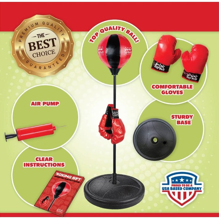 Boxing set with red gloves, red and black punching ball, air pump, and instructions.