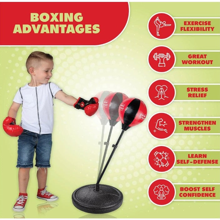 A child wearing boxing gloves punches a red and black punching bag next to text listing the advantages of boxing.