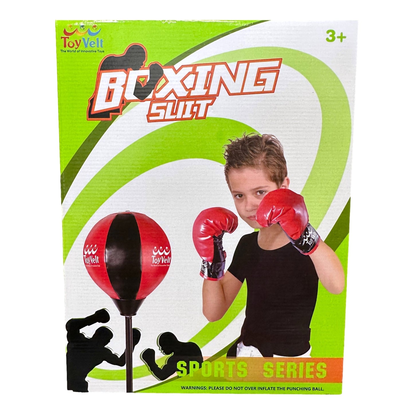 Box for "Boxing Suit" toy set with a boy wearing boxing gloves and a punching bag illustration.
