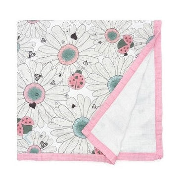 Here are some descriptive alt tags for the product image:
* Baby blanket with daisy and ladybug print, pink trim.
* Square baby swaddle blanket, floral and ladybug pattern.
* Muslin blanket with white daisies, ladybugs, and a pink border.
* Folded baby blanket with a floral and ladybug design.