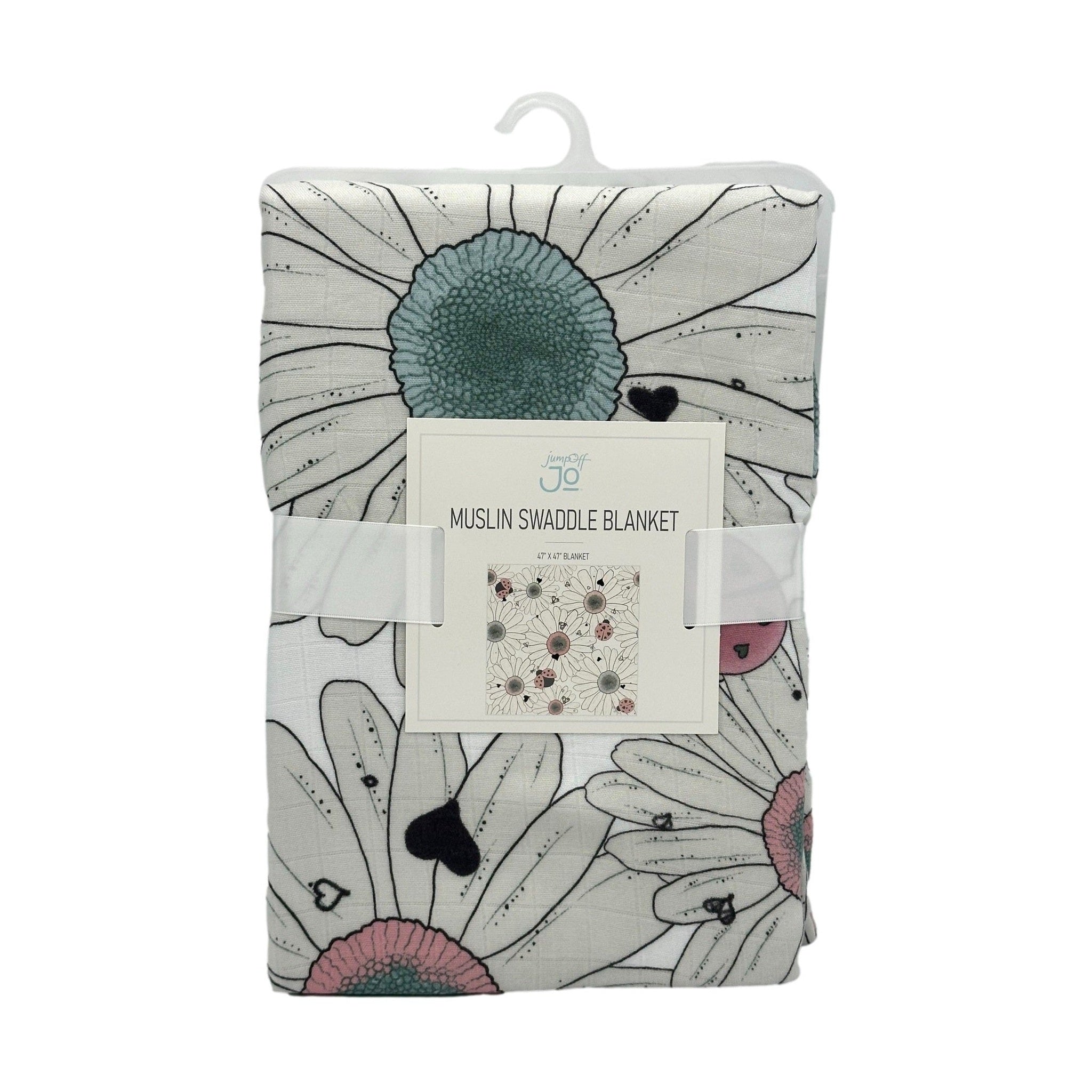 Packaged floral print muslin swaddle blanket with a white hanger.