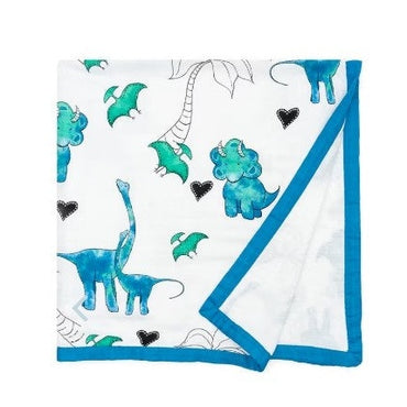 Here are some descriptive alt tags for the product image:
**Option 1 (Concise):**
* White baby blanket with blue dinosaur print and trim.
**Option 2 (More Detail):**
* Folded white muslin baby blanket featuring blue dinosaurs, black hearts, and a blue border.
**Option 3 (Focus on Print):**
* Dinosaur print baby blanket in white with blue and black accents, folded with blue border showing.