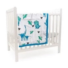 Here are a few descriptive alt tags for the image:
* White crib with dinosaur-themed blanket.
* Baby crib with blue and green dinosaur quilt.
* Nursery decor: white crib and dinosaur baby blanket.