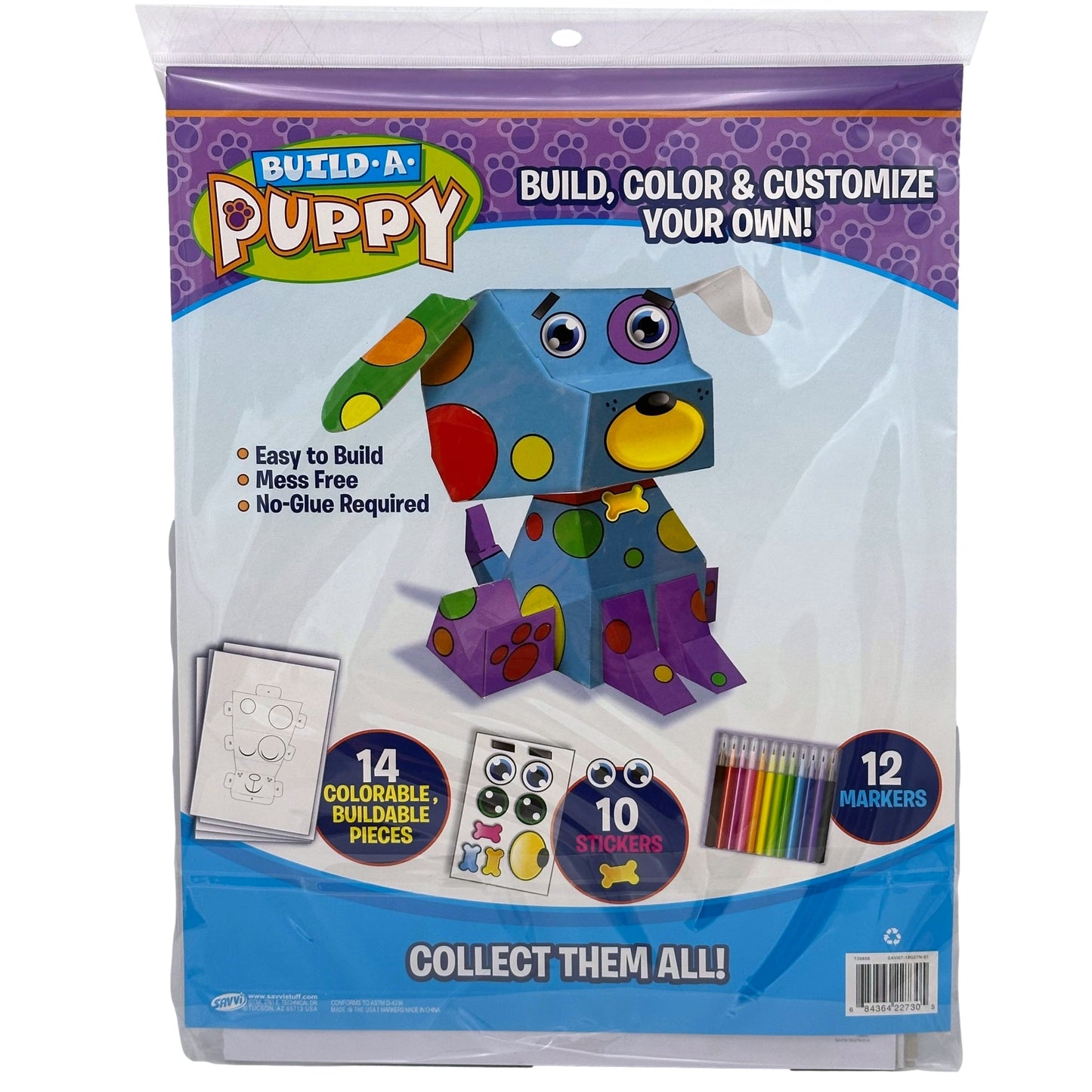 Plastic-packaged toy kit: "Build-A-Puppy," with colorable pieces, stickers, and markers.