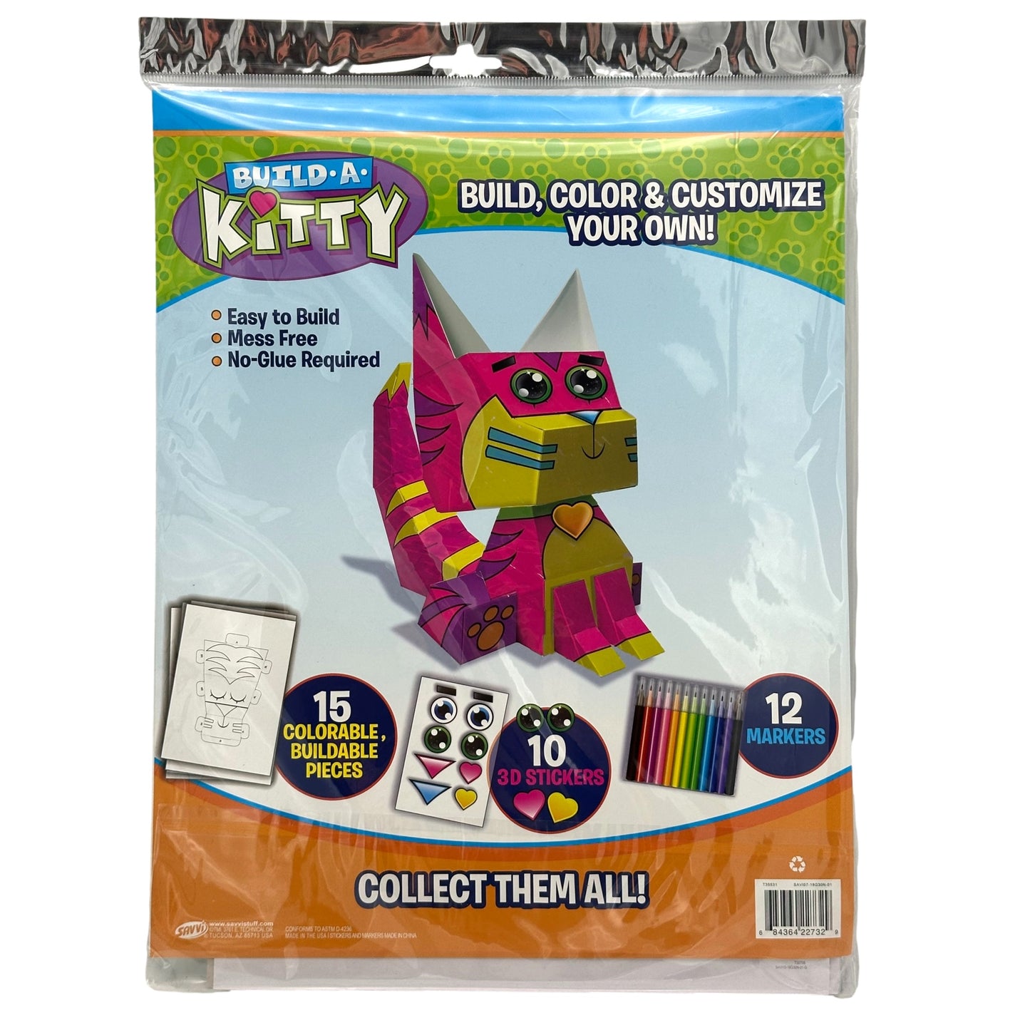 Package of a "Build-A-Kitty" kit with markers and stickers to build and color a paper cat.