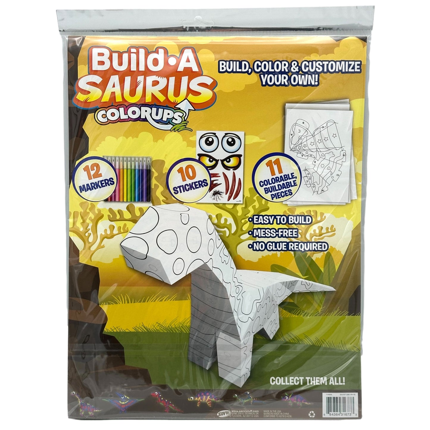 Packaged "Build A Saurus" craft kit with markers, stickers, and buildable pieces.