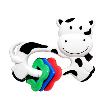 Cow-shaped baby teether with colorful rings.