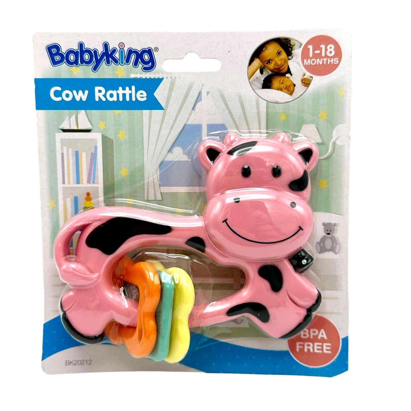 A pink cow rattle with colorful rings in its belly.