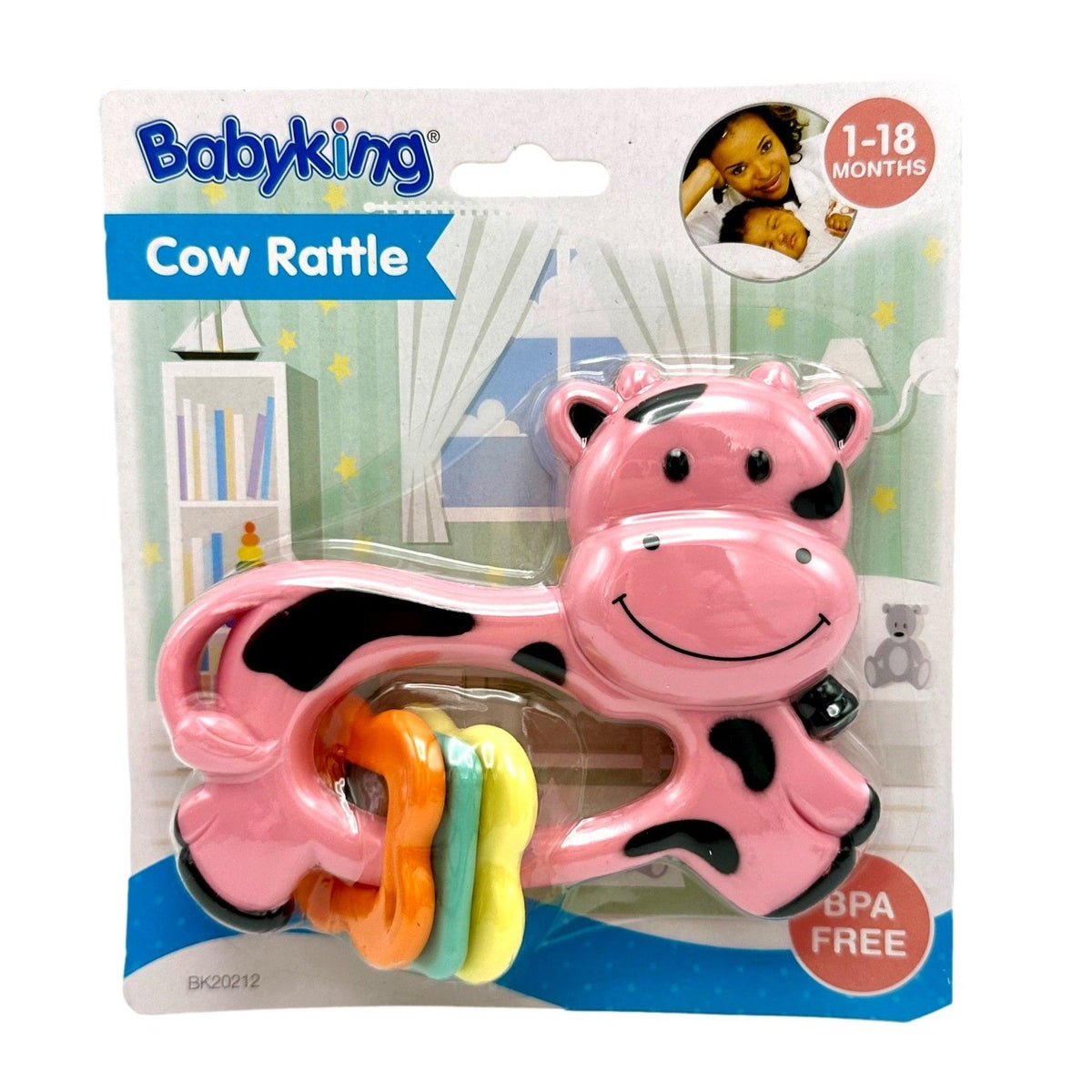 A pink cow rattle with colorful rings in its belly.