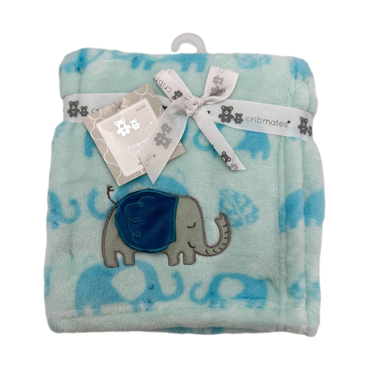 Folded blue and light blue baby blanket with elephant design, tag, and ribbon.