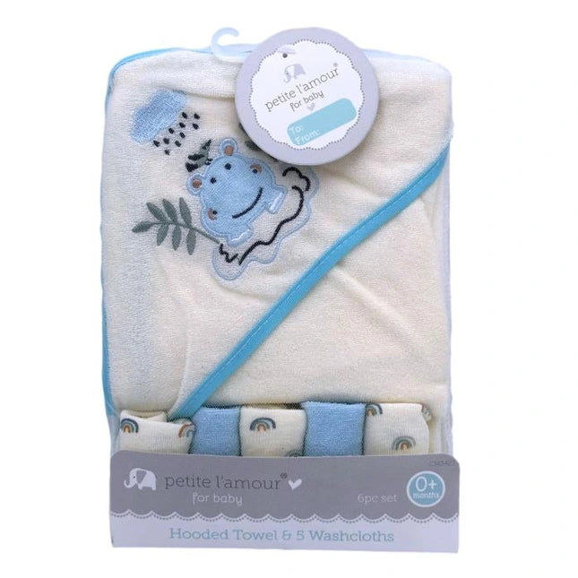 6 PC HIPPO HOODED TOWEL SET BLUE