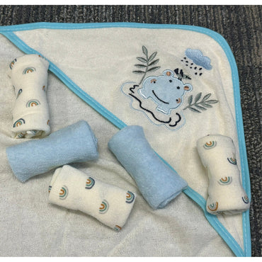 6 PC BLUE HIPPO HOODED TOWEL SET