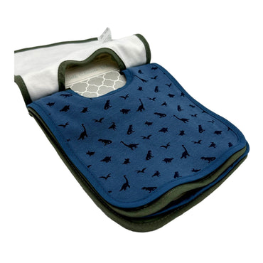 Stack of bibs, one with a blue dinosaur print, others with green trim and white fabric.