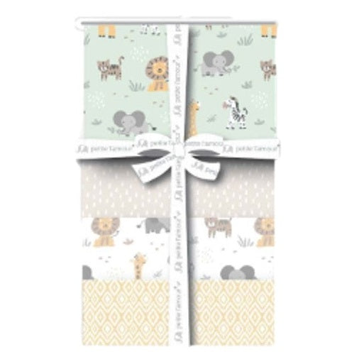 Stacked baby blankets with safari animal patterns, tied with a ribbon.