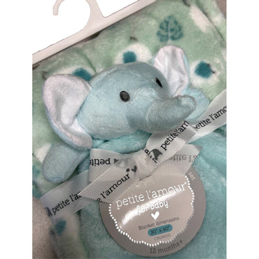 Close-up of a blue elephant plush toy with a blanket set.