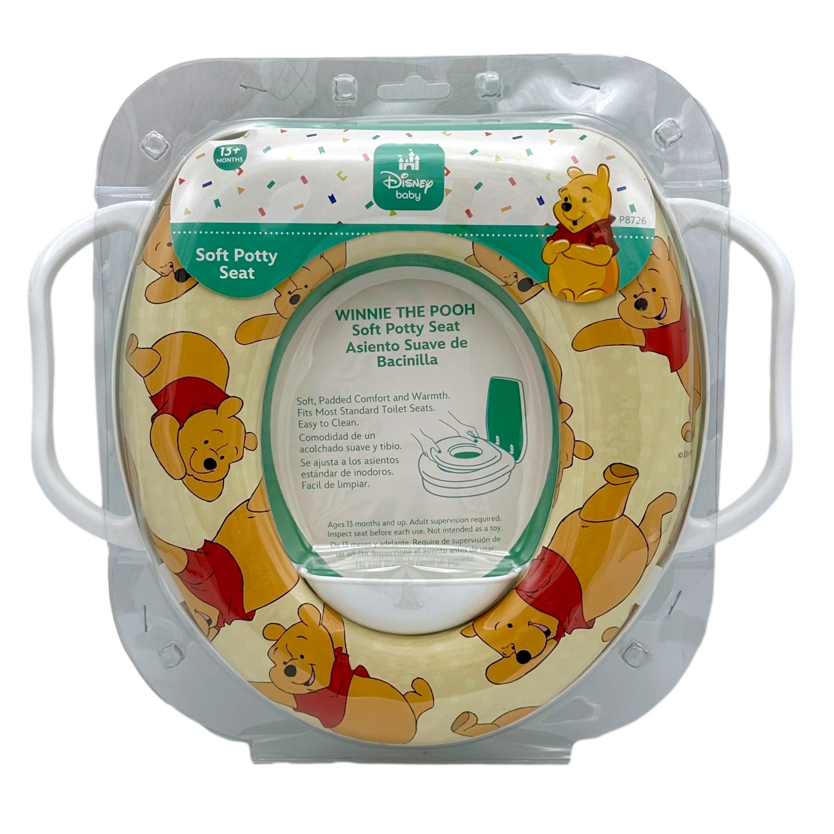 Close-up of a packaged Winnie the Pooh soft potty seat with white handles, in a clear plastic package.