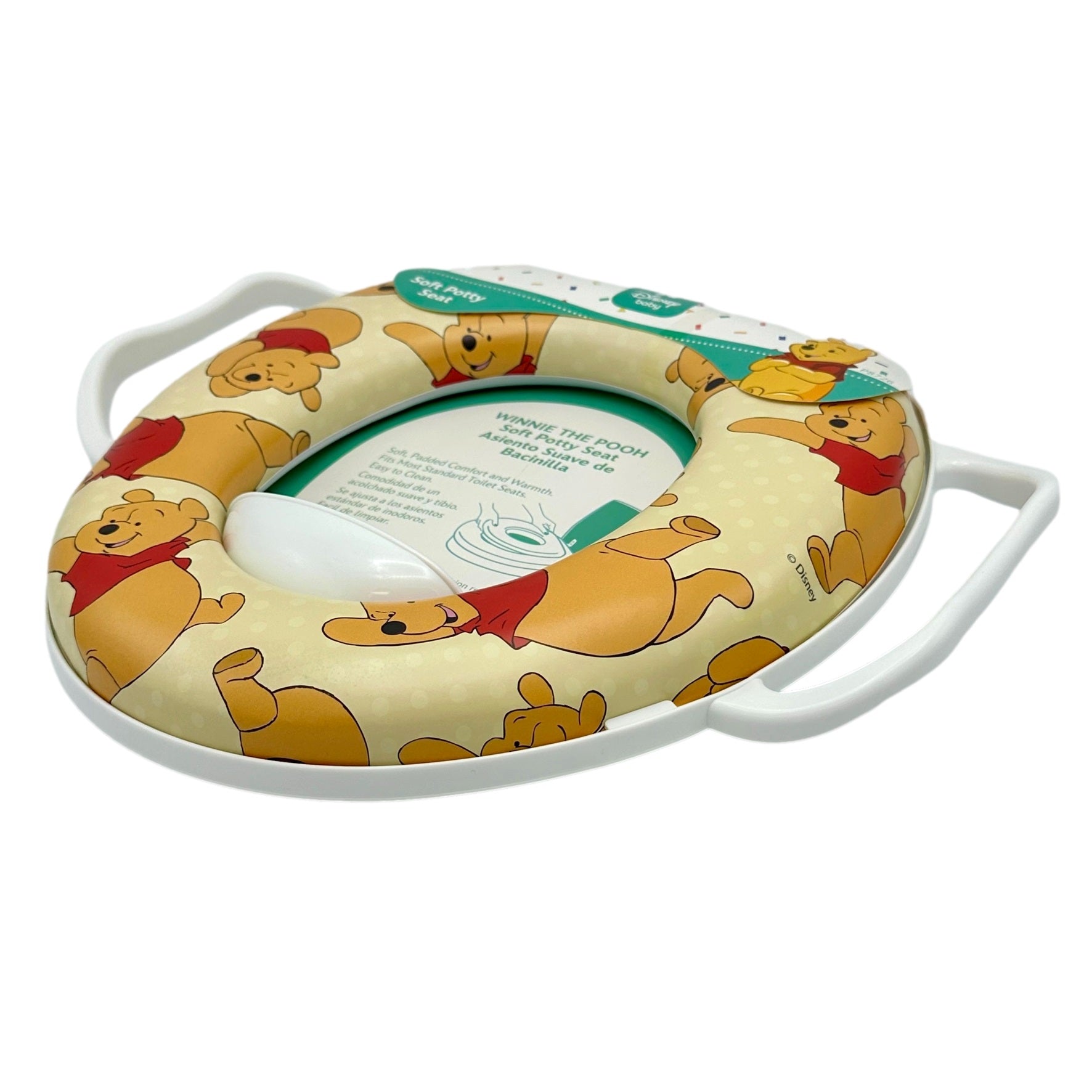 Winnie the Pooh potty seat with handles and soft padding.