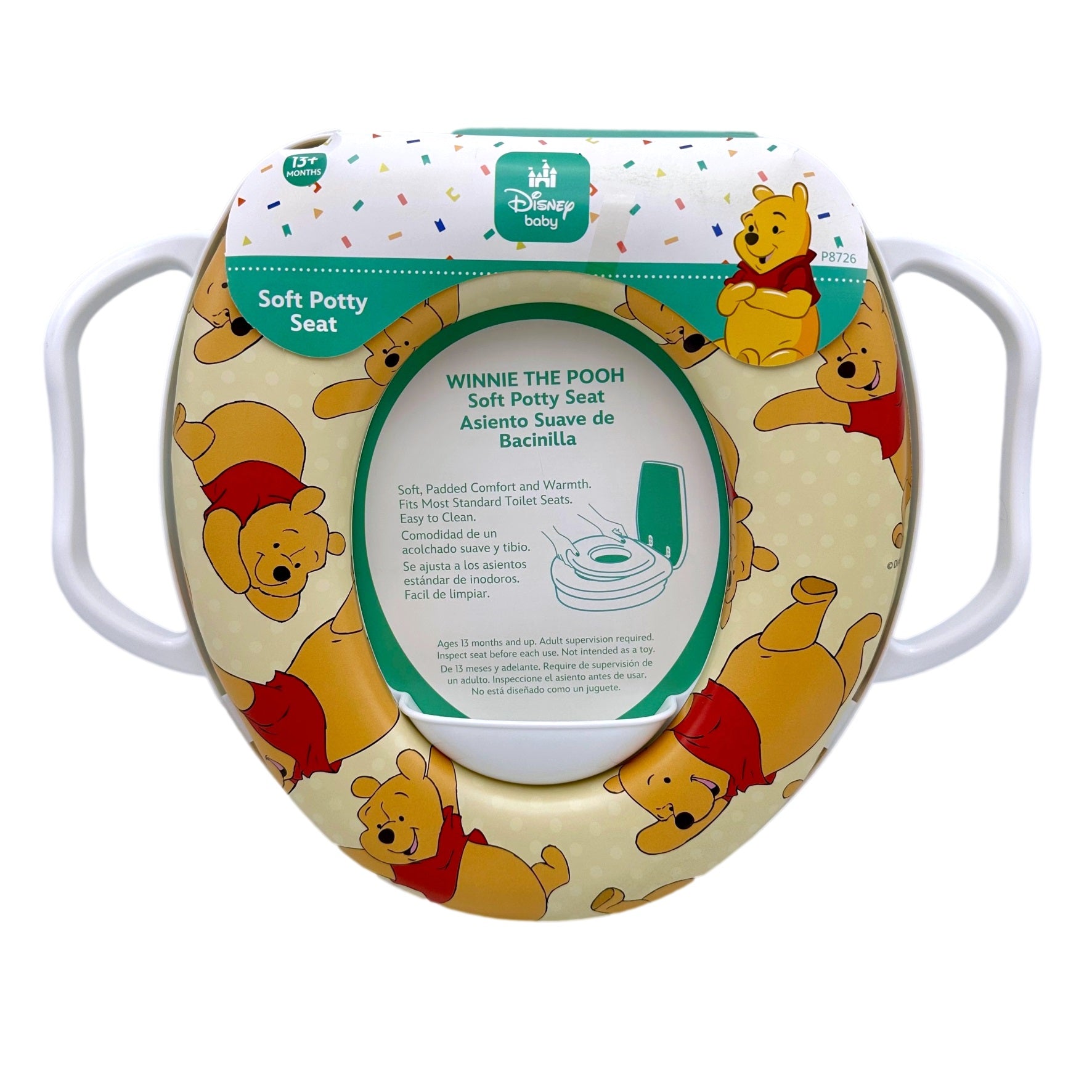 A Winnie the Pooh soft potty seat with white handles and a cartoon Pooh bear print.