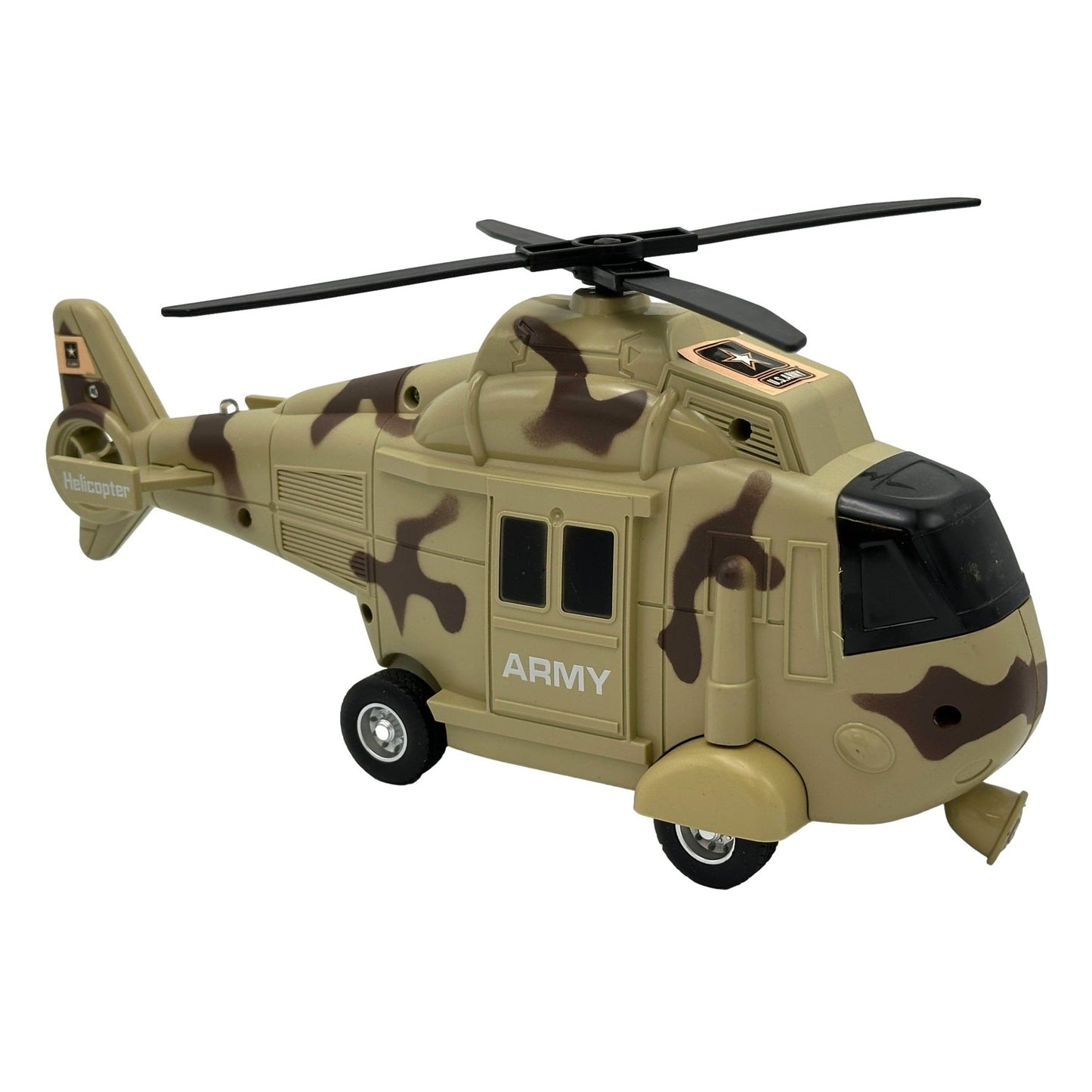 Toy army helicopter with wheels and camouflage pattern.