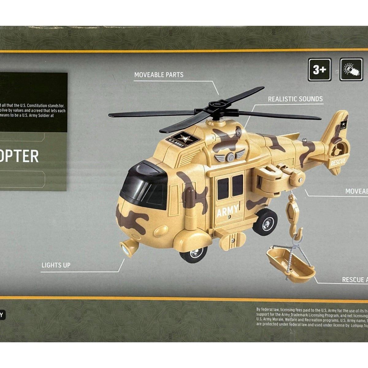 Toy Army helicopter with camouflage design.