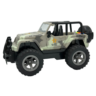 Toy army Jeep with camouflage paint, black roll cage, and oversized tires.