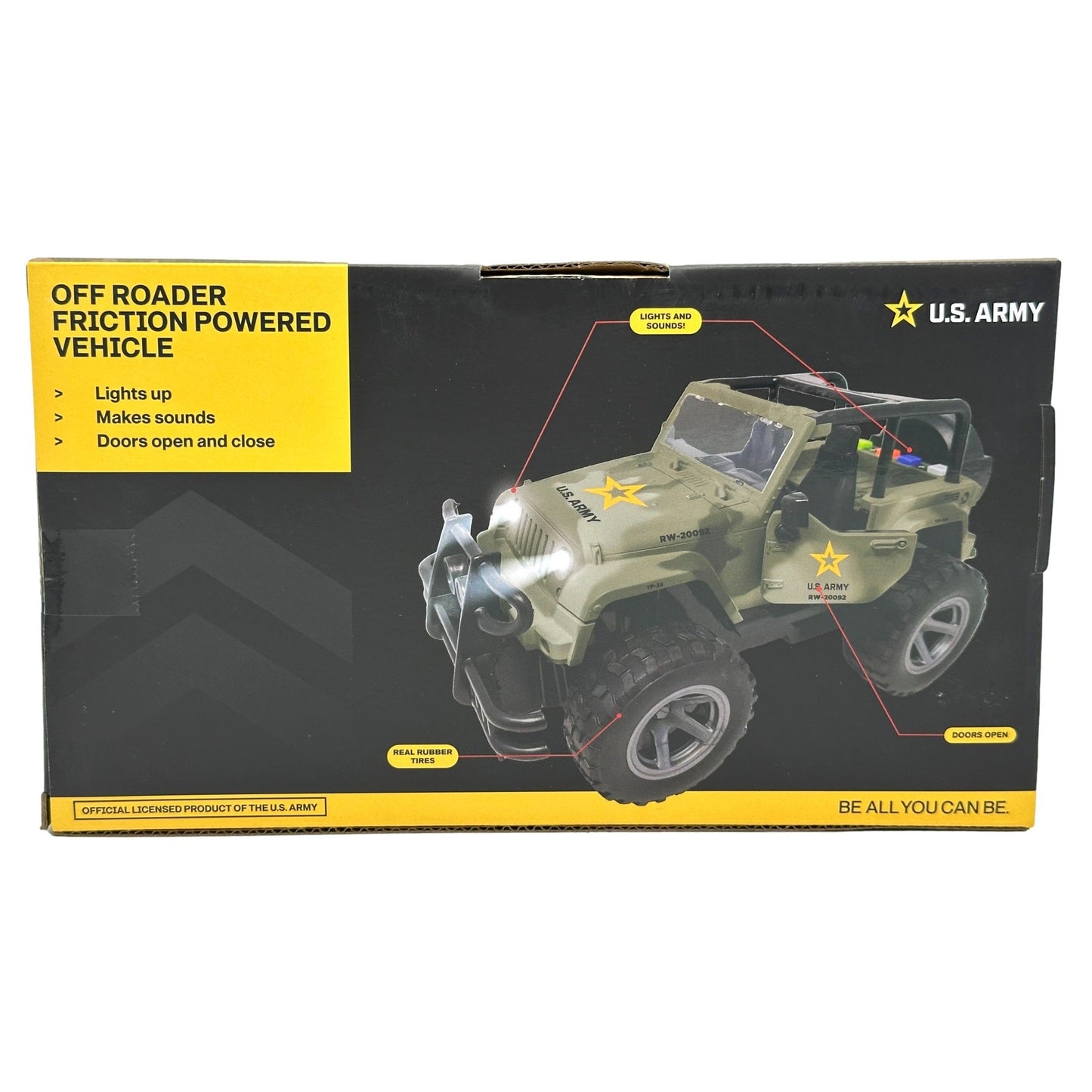 A toy army vehicle package features text labels and a realistic-looking toy truck on a black background.