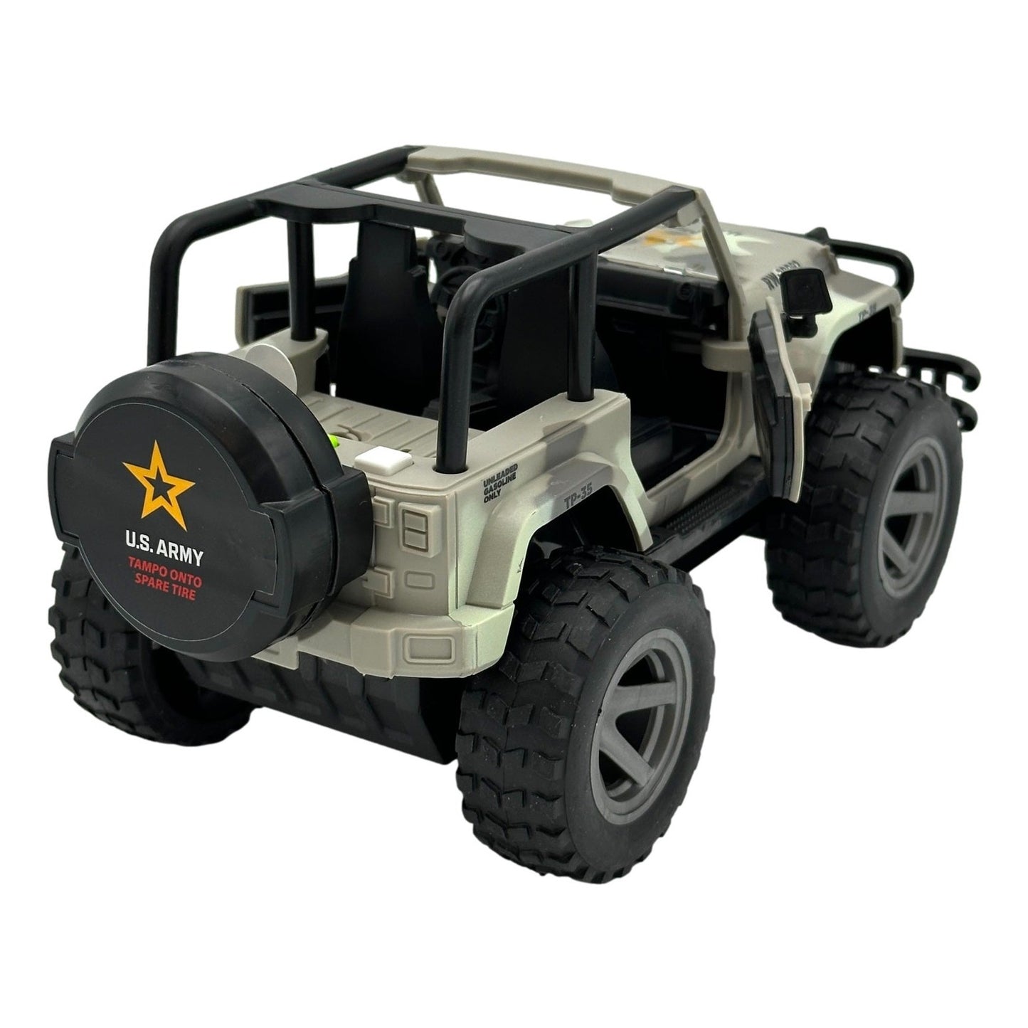 Camouflage toy army jeep with open doors.