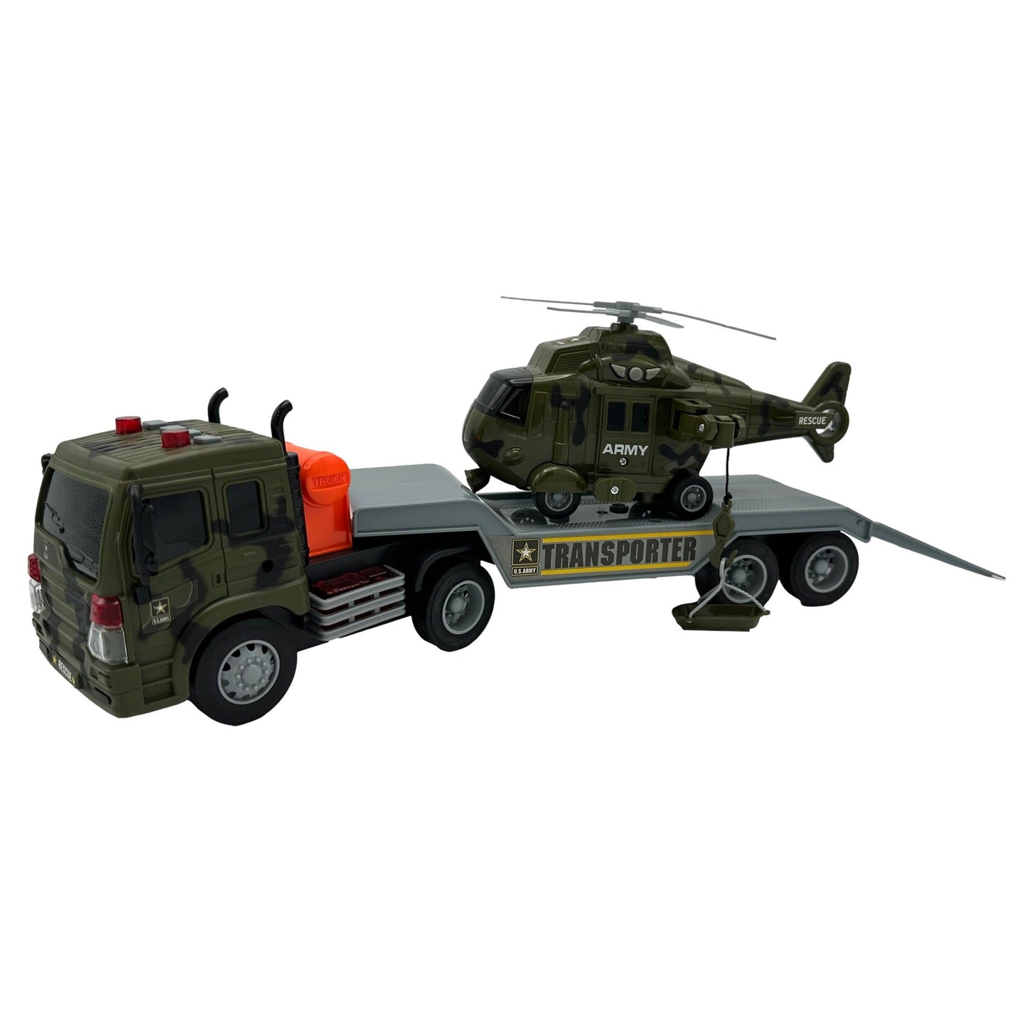 Toy military truck transporting a toy helicopter.