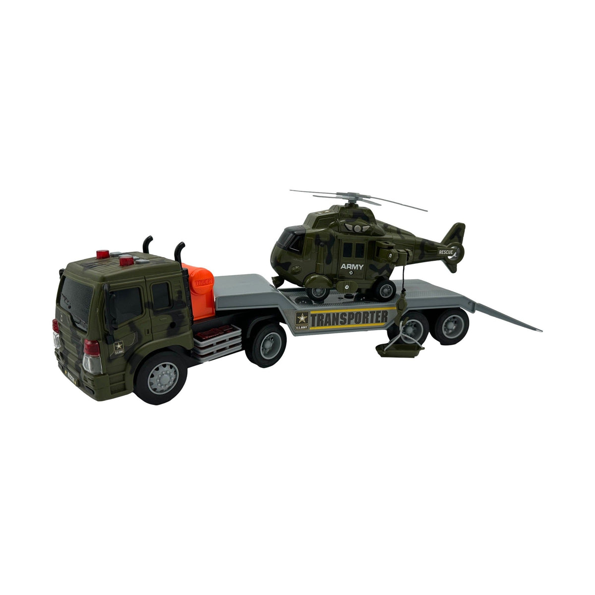 Toy military truck transporting a toy helicopter.