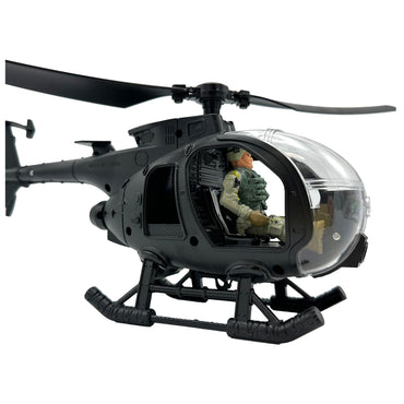 Black toy helicopter with a military pilot inside.