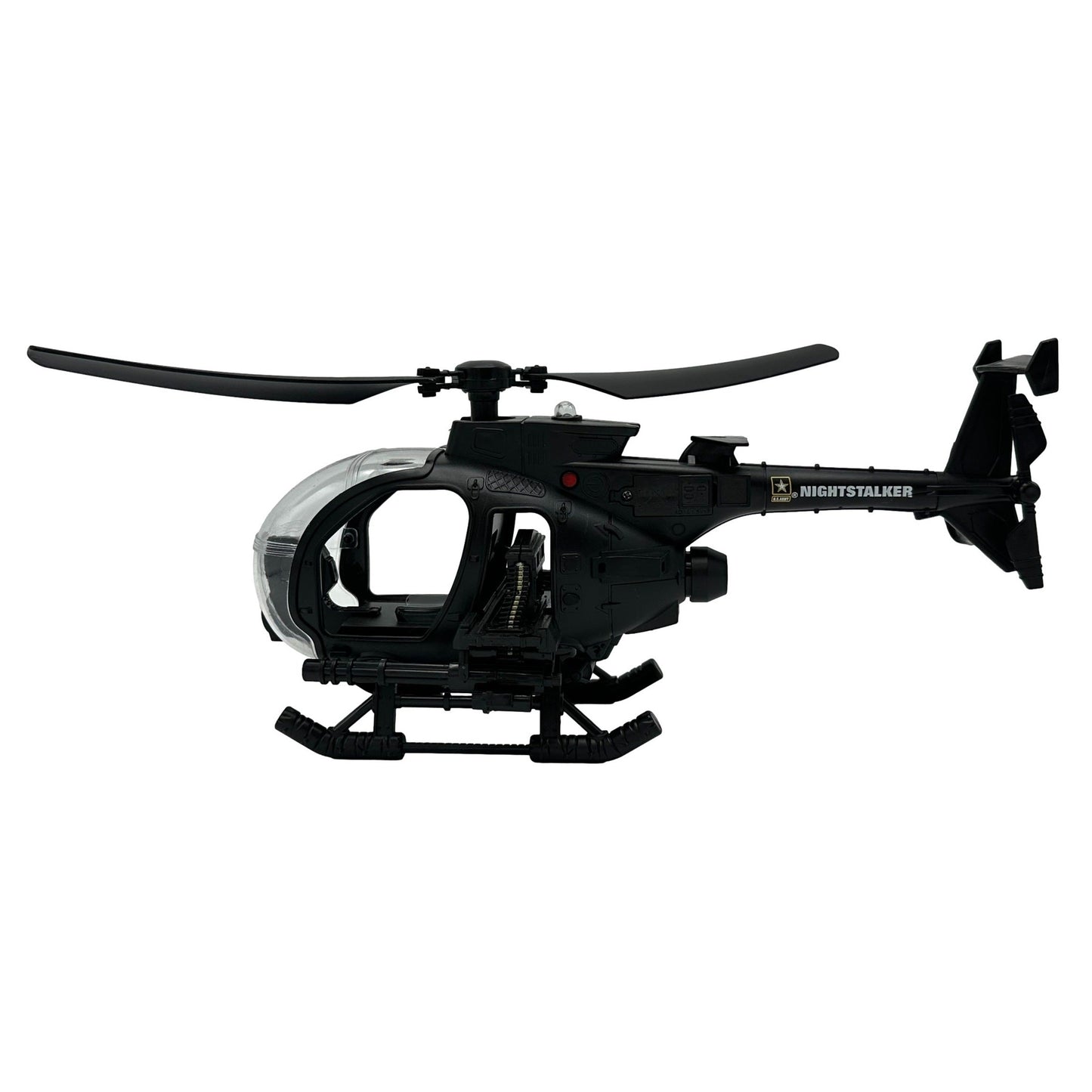 Black toy helicopter with clear bubble canopy.