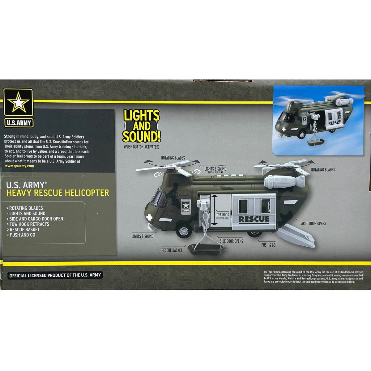 The product image shows the packaging of a toy U.S. Army Heavy Rescue Helicopter. It features a dark green camouflage design, with the words "RESCUE" printed on the side. Key features like rotating blades, lights, and sound are highlighted, and the packaging includes the U.S. Army logo and official licensing information.
