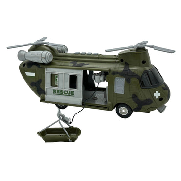 Toy Chinook helicopter with rescue basket.