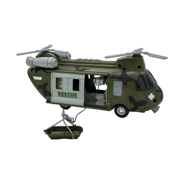 Toy Chinook helicopter with rescue basket.