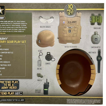 U.S. Army military gear play set, including a helmet, tactical vest, binoculars, canteen bottle, and wrist watch.