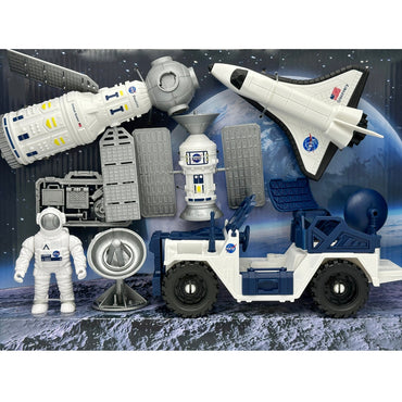 Toy space station set with astronaut, shuttle, rover, and satellite dish.