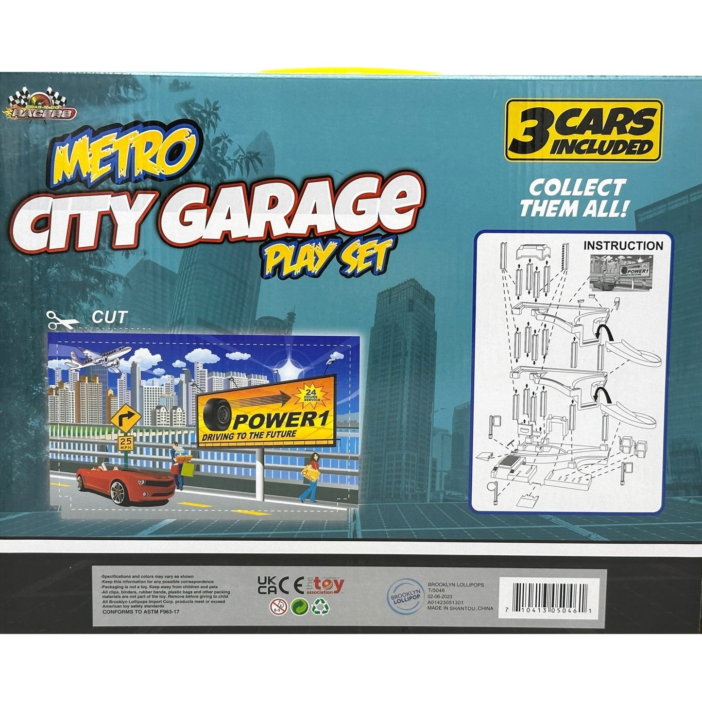 Box of a "Metro City Garage Play Set" with a red convertible on a city street.