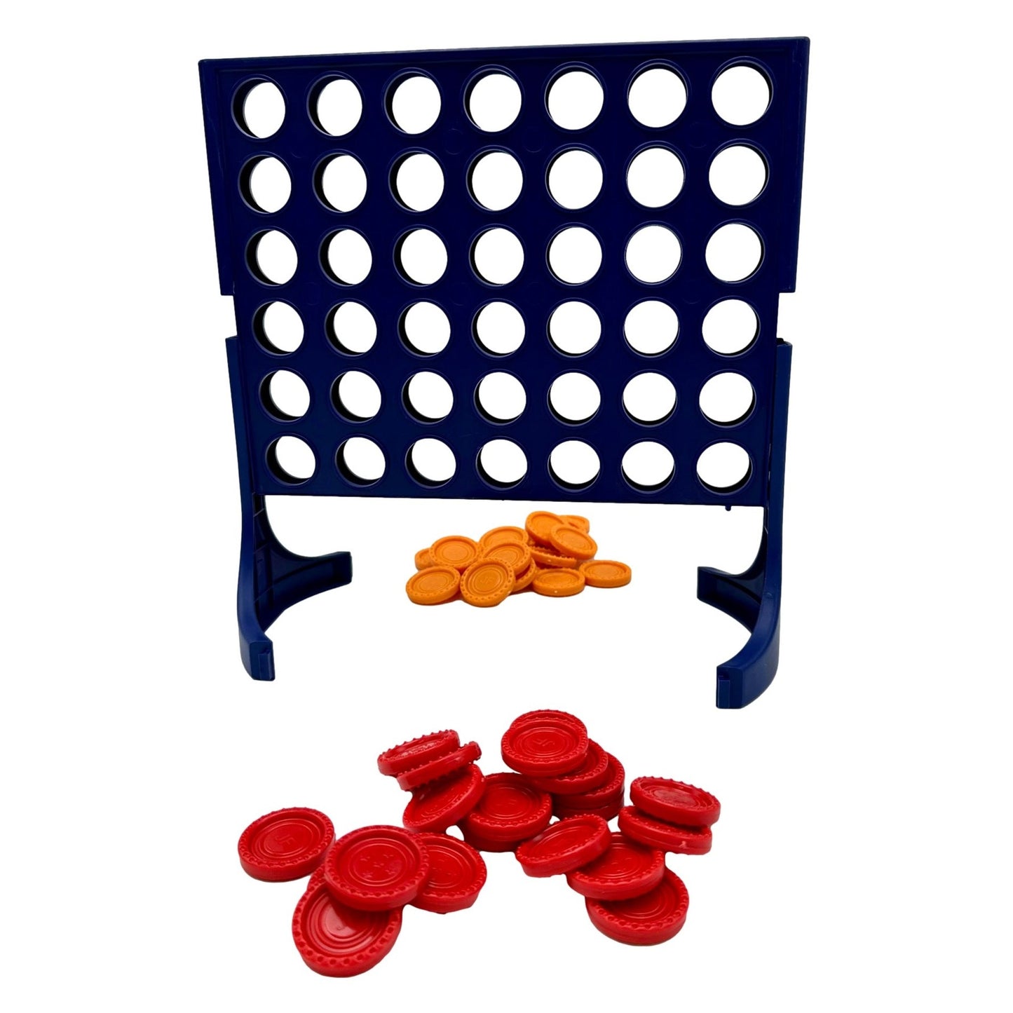 Product shot of a blue Connect Four game with piles of red and orange checkers on a white background.