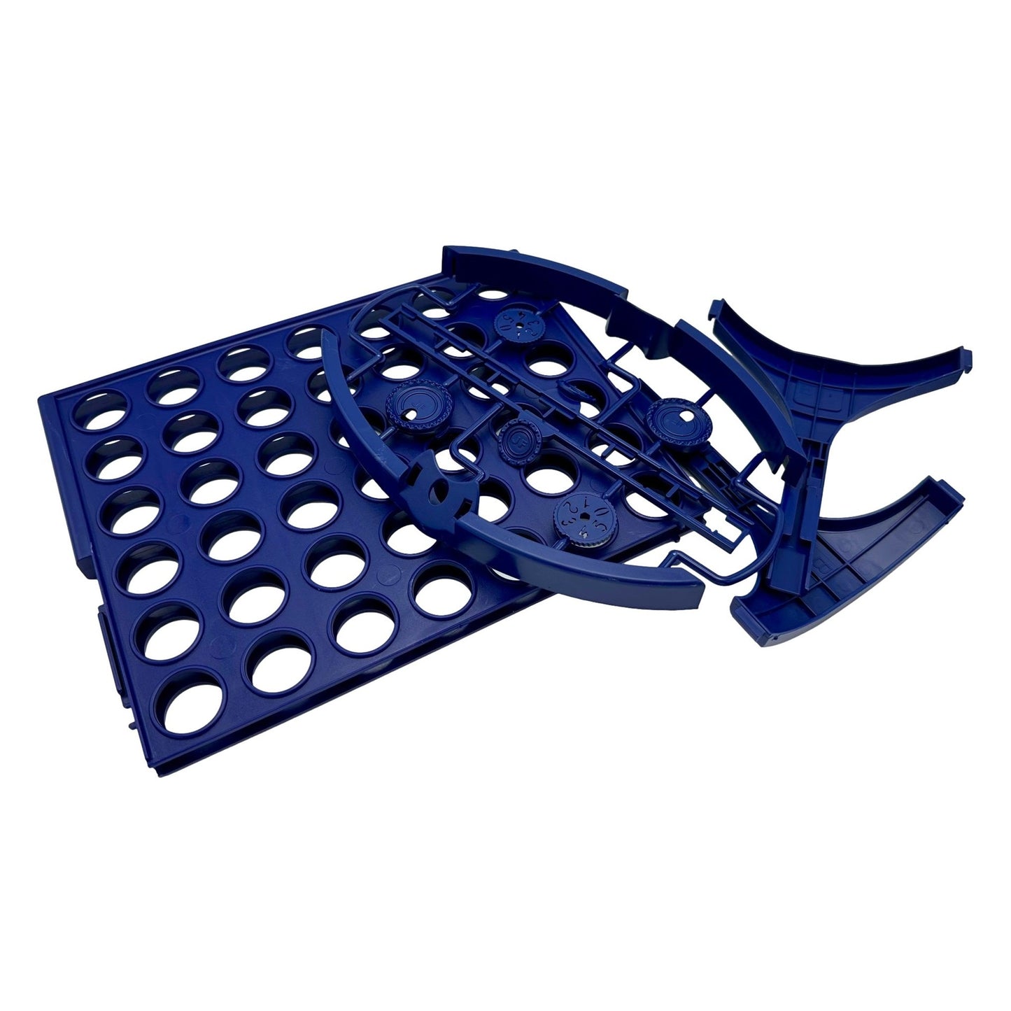 Disassembled blue plastic Connect Four game.