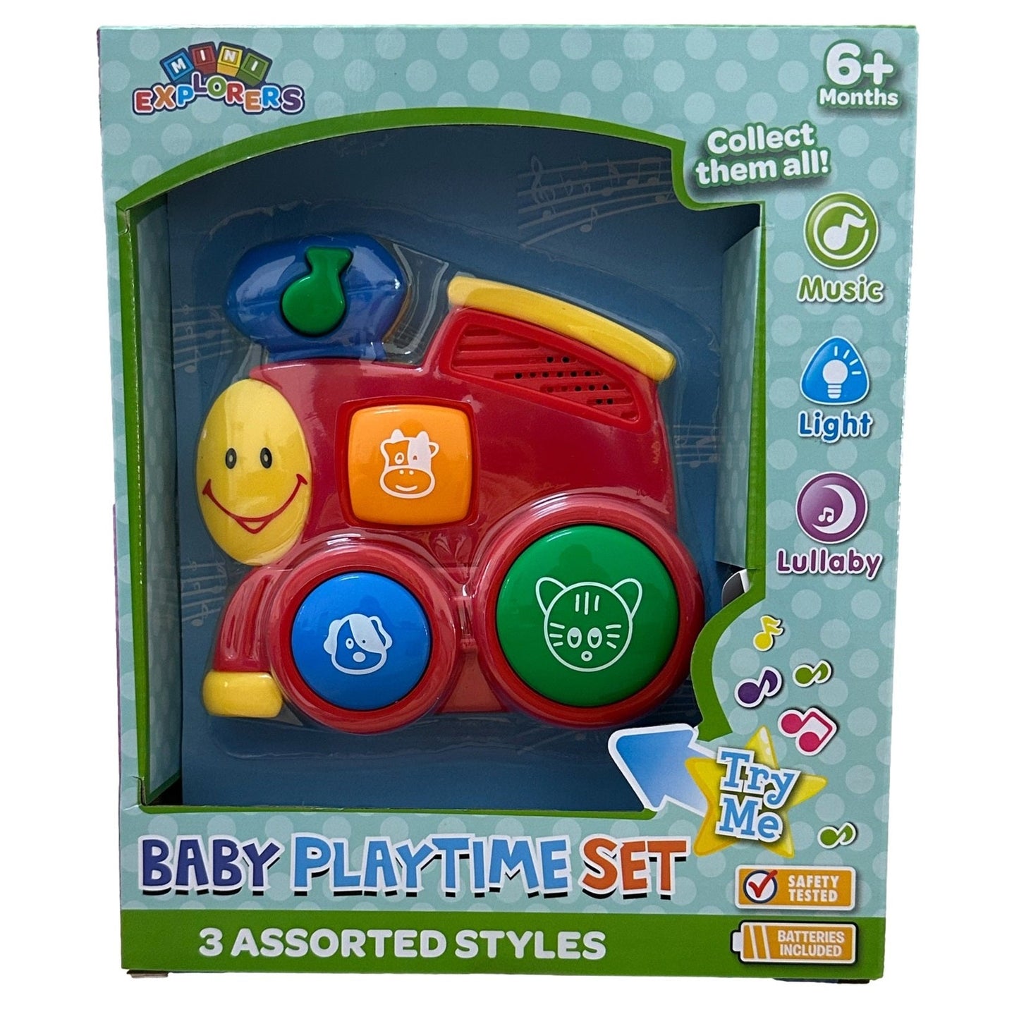 Toy train packaged as a "Baby Playtime Set," featuring the text "Collect them all!", musical notes, and bright colors.
