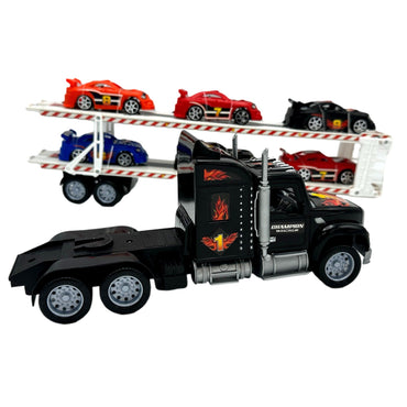 Toy truck with race cars on trailer.