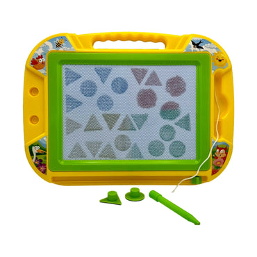 Yellow and green magnetic drawing board with shapes, pen, and stamps.