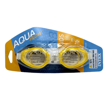Packaged yellow swimming goggles with a blue and yellow cardboard backing.