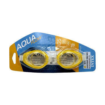 Packaged yellow swimming goggles with a blue and yellow cardboard backing.