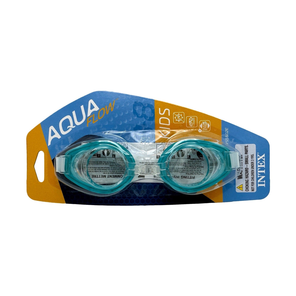 A packaged pair of blue Aqua Flow Kids swimming goggles.