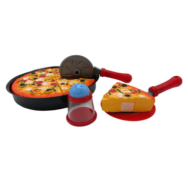 Toy pizza, pizza cutter, salt shaker, and serving spatula.