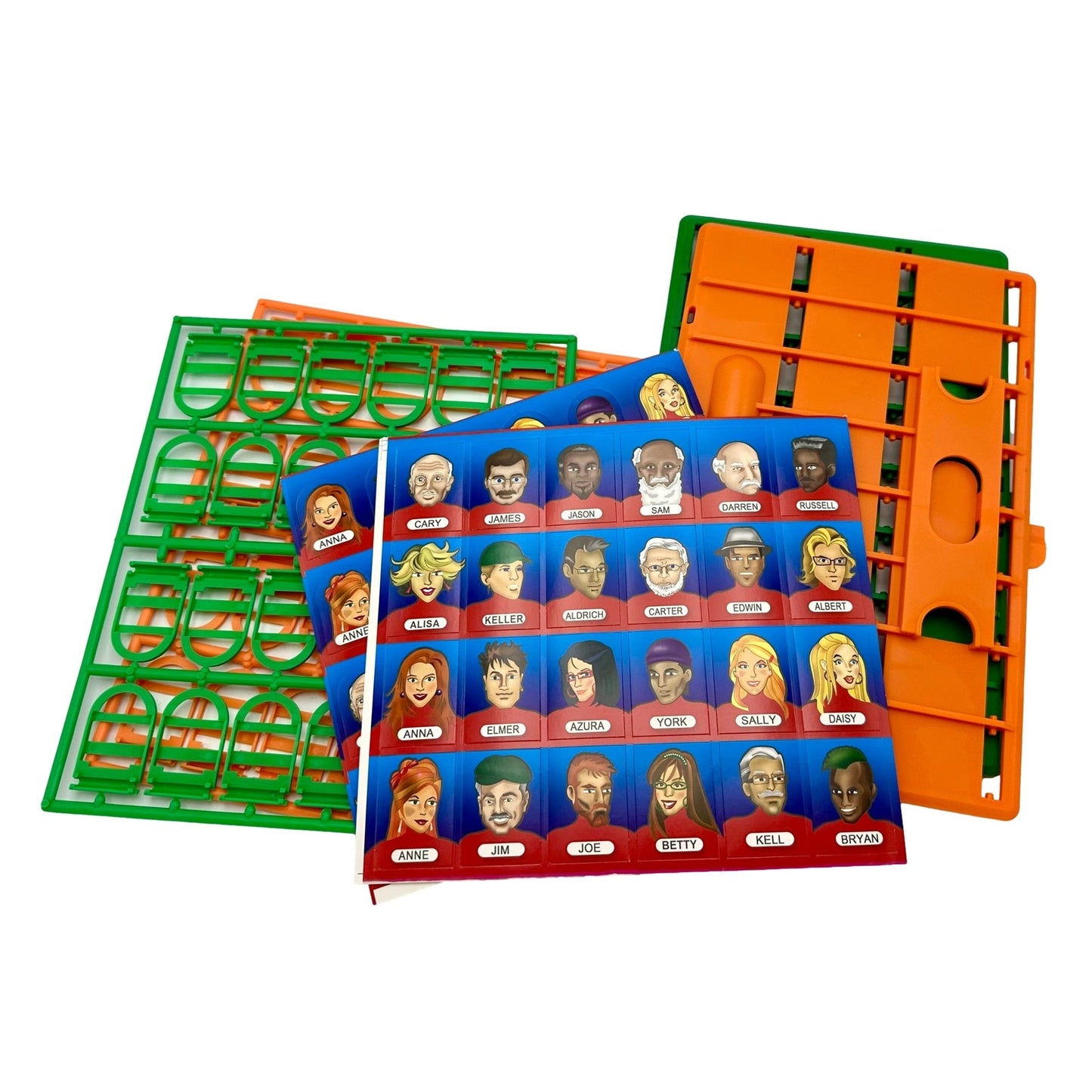 Board game "Guess Who?" with face cards, green and orange plastic game boards and frames.