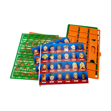 Board game "Guess Who?" with face cards, green and orange plastic game boards and frames.
