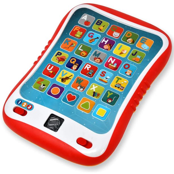Toy tablet with colorful buttons featuring letters, numbers, and pictures.