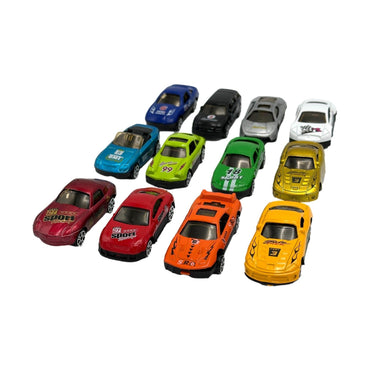 Collection of toy race cars in various colors and designs.